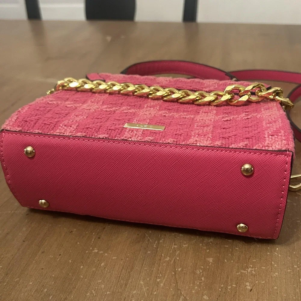 Aldo Satchel Bag Womens Small Pink Tweed Houndstooth Lion Head Chain Purse